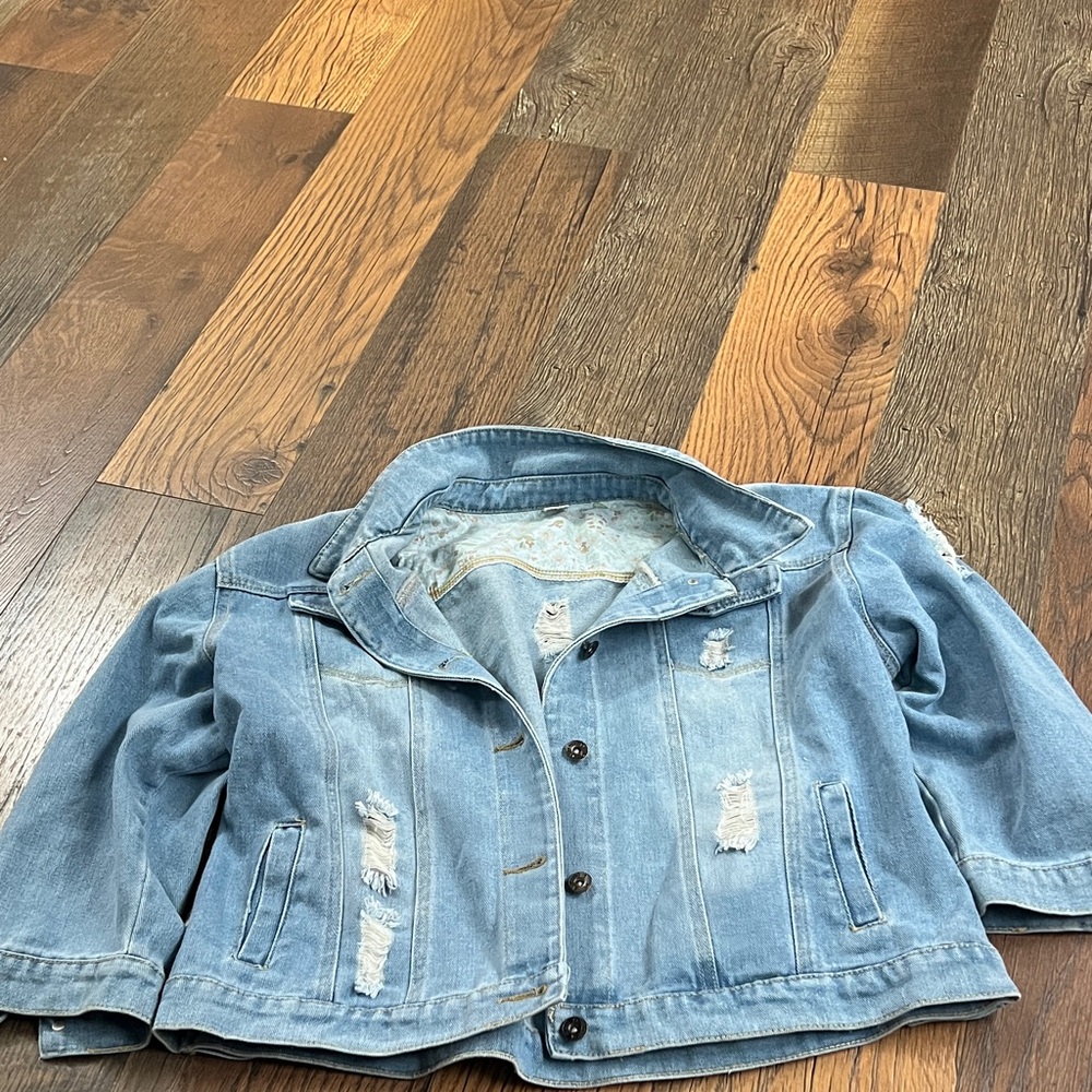 Light Blue Distressed Denim Jacket - Women